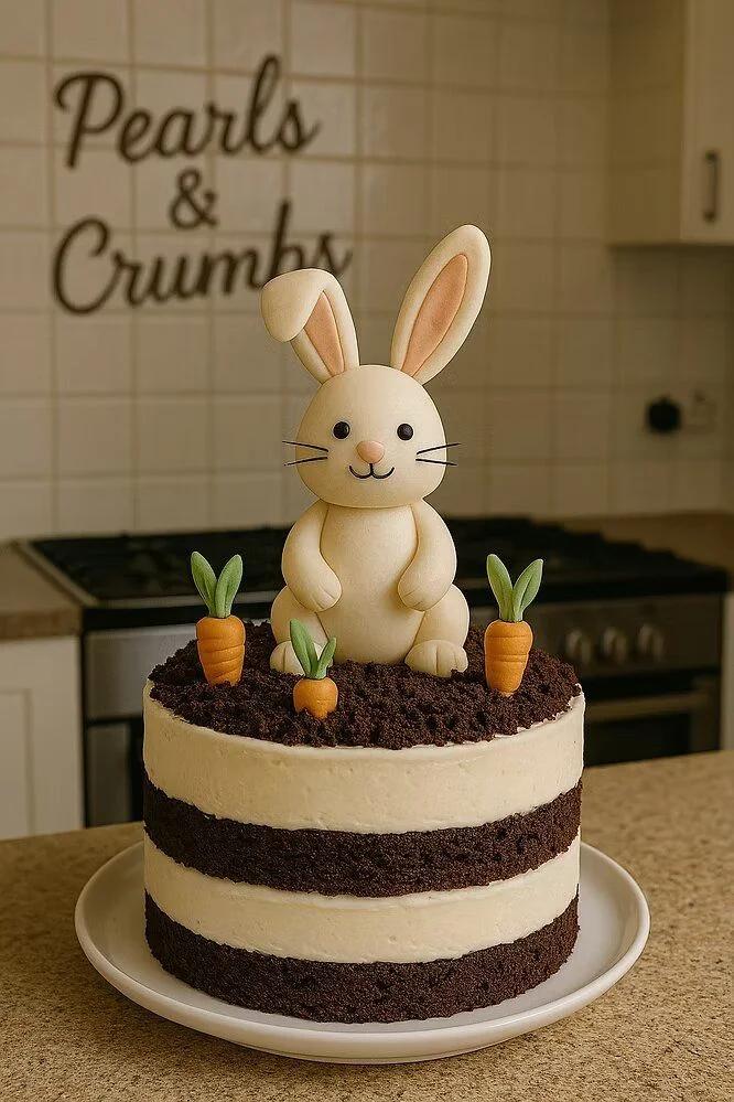 A chocolate and vanilla layered cake topped with a large fondant bunny and small fondant carrots on a bed of chocolate crumbs.