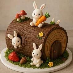 A whimsical 1-tier cake shaped like a brown tree log with three white fondant bunnies, a carrot, mushrooms, and a strawberry on a mossy green base.