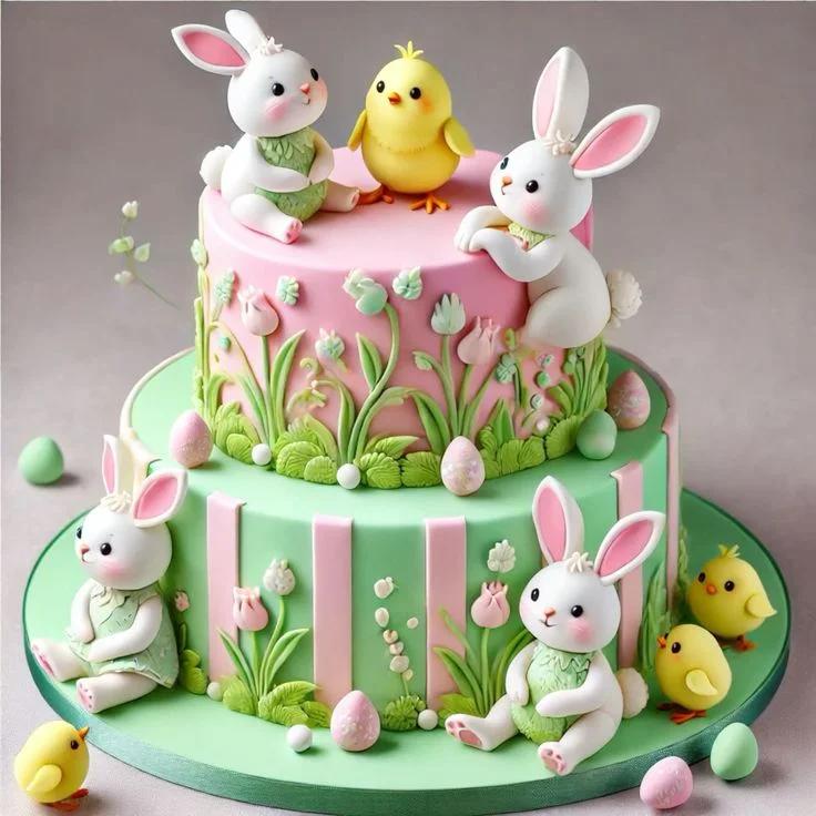 A whimsical 2-tier pastel pink and green fondant cake decorated with 3D edible bunnies, yellow chicks, and sculpted spring flowers.