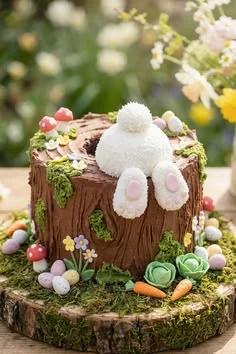 Rustic tree stump cake with a white fondant bunny burrowing into the top, surrounded by edible mushrooms, carrots, and flowers.