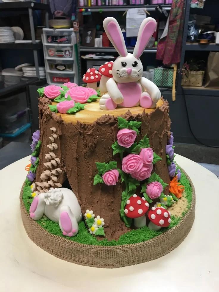 A tree stump cake with a fondant bunny on top, pink roses, and red mushrooms on a green grass base.
