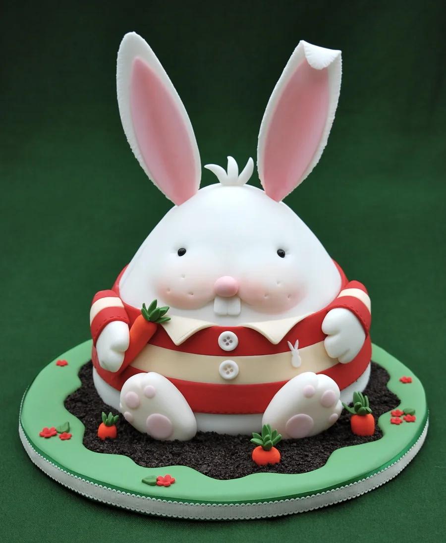 A round white fondant cake shaped like a chubby white bunny wearing a red and cream striped shirt, sitting in a chocolate soil garden with carrots.