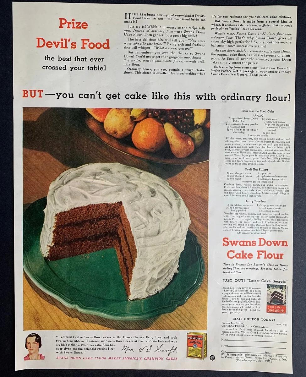 Vintage Devil's Food cake with thick white ivory frosting and a slice removed to show dark chocolate layers.