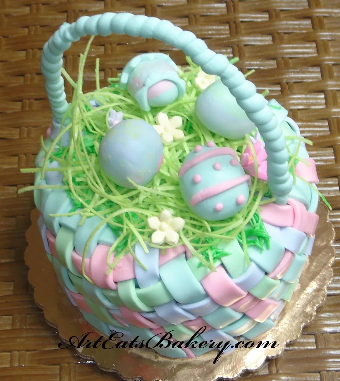 Pastel blue, pink, and green woven basket cake with fondant Easter eggs and small white flowers on a bed of green icing grass.