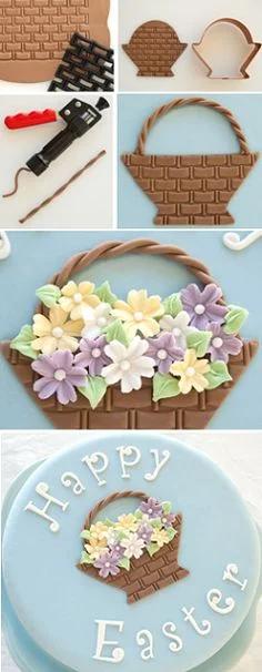 Light blue fondant cake featuring a handcrafted edible gumpaste Easter basket filled with pastel flowers and white piped Happy Easter text.