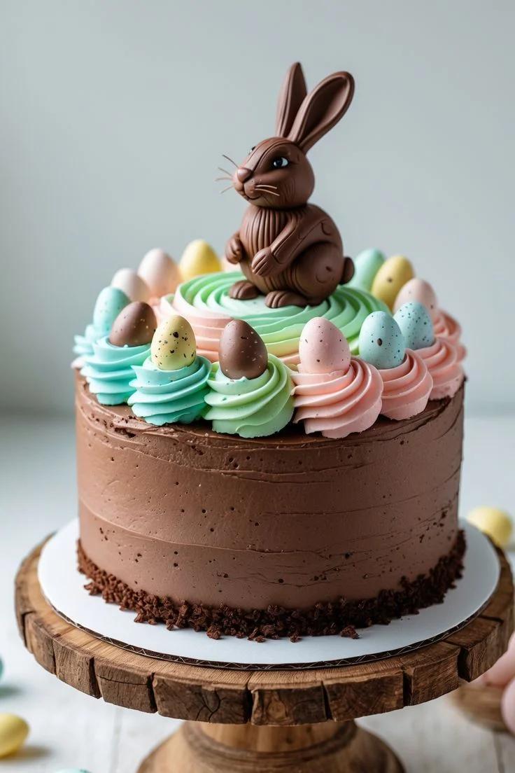 Chocolate Easter cake with a large 3D chocolate bunny topper, pastel icing swirls, and speckled candy eggs.