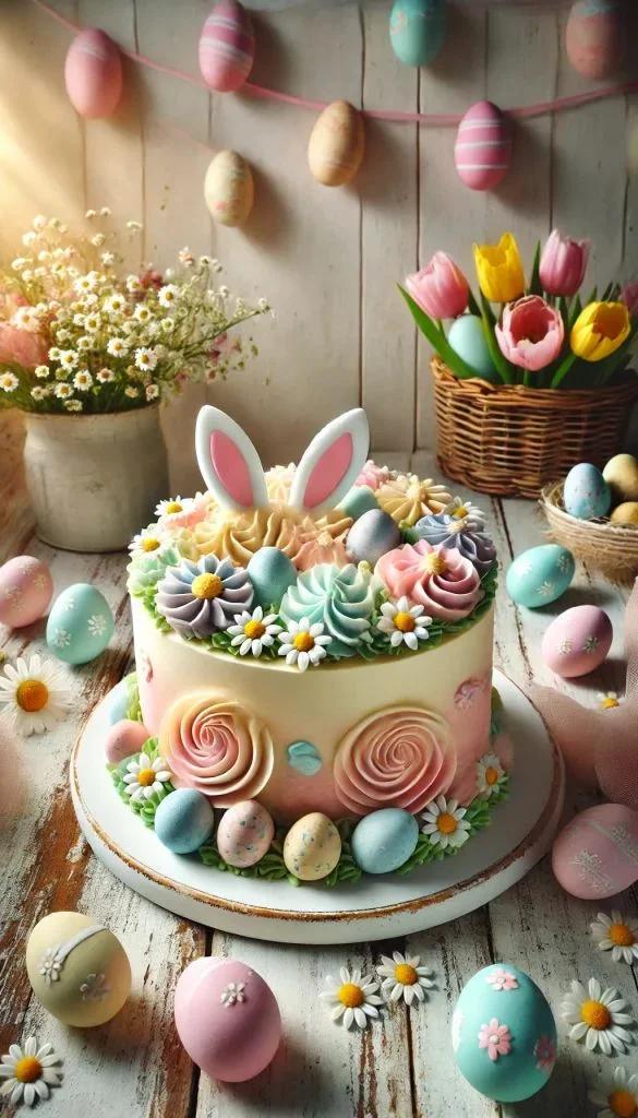 Pastel Easter bunny cake with floral icing rosettes, colorful eggs, and white bunny ears topper on a rustic wooden background.