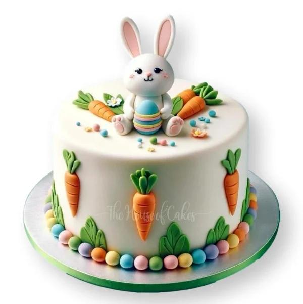 White fondant Easter bunny cake with 3D bunny topper, fondant carrots, and colorful pastel eggs around the base.