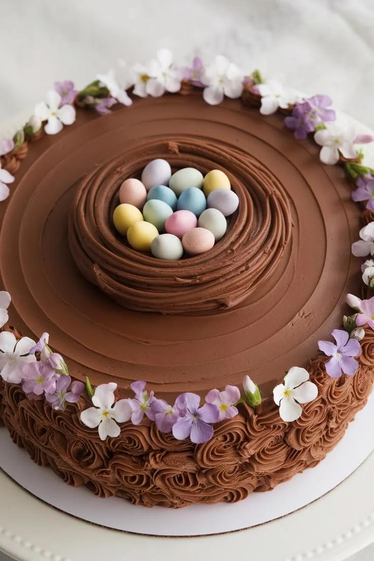 Chocolate cake with a piped chocolate nest filled with pastel candy eggs and a border of purple and white flowers.