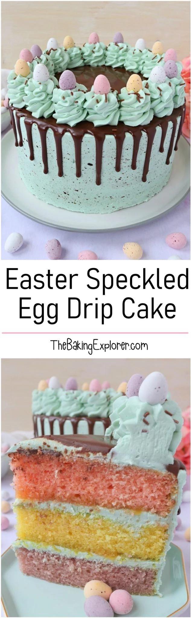 Easter speckled egg drip cake with mint green icing, chocolate drip, and pastel candy eggs on piped rosettes.