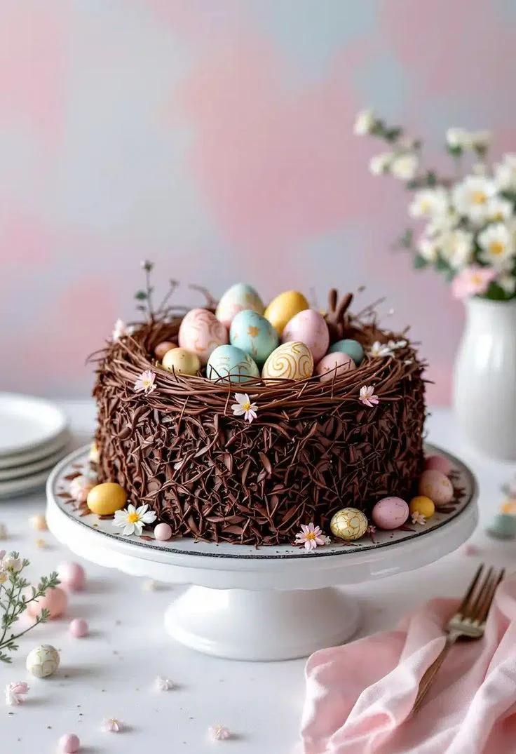 Chocolate nest cake decorated with colorful pastel Easter eggs and small white and pink flowers on a white cake stand.