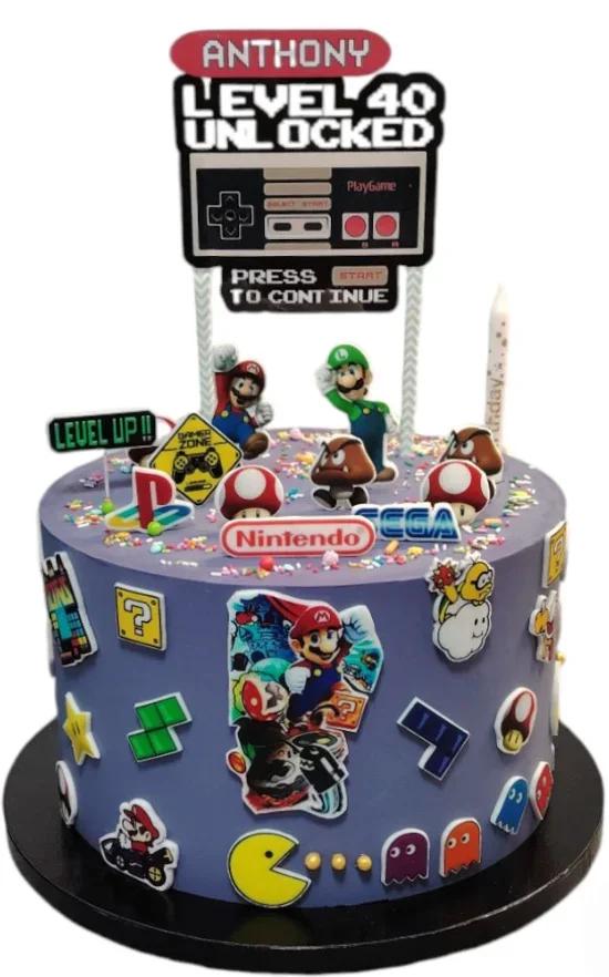 Purple gaming themed birthday cake with Mario, Luigi, and retro video game characters and icons.