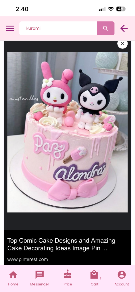 Pink Kuromi and My Melody birthday cake with fondant characters, pink icing drips, and a large pink bow.