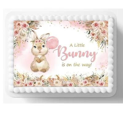 Rectangle sheet cake with a large edible print featuring a watercolor bunny, pink balloon, and floral accents with white piped borders.