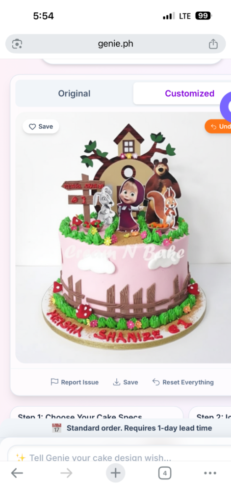 Pink Masha and the Bear themed cake with character printouts, green icing grass, and a brown fence on a 1-tier cake.