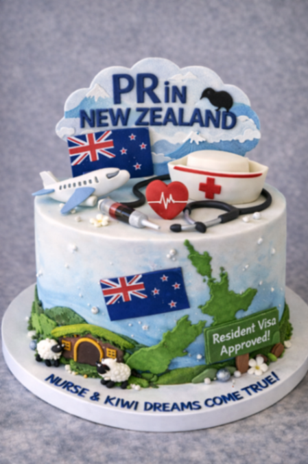 New Zealand resident visa themed cake with nurse hat, stethoscope, airplane, and kiwi bird toppers on a blue and white sky background.
