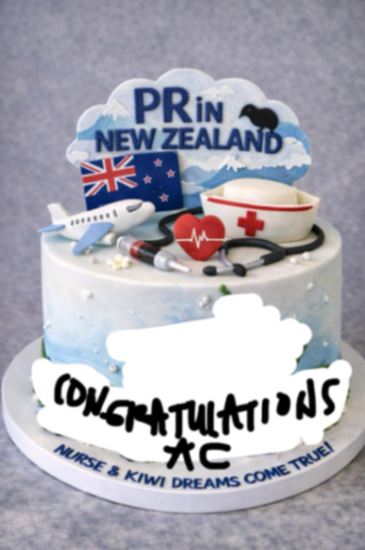 A light blue nurse-themed cake with a New Zealand flag, airplane, stethoscope, and medical symbols for a PR celebration.