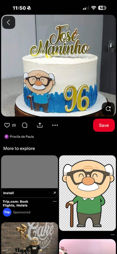White 1-tier birthday cake with blue textured icing at the base, featuring a cartoon grandfather printout and a gold 96 topper.