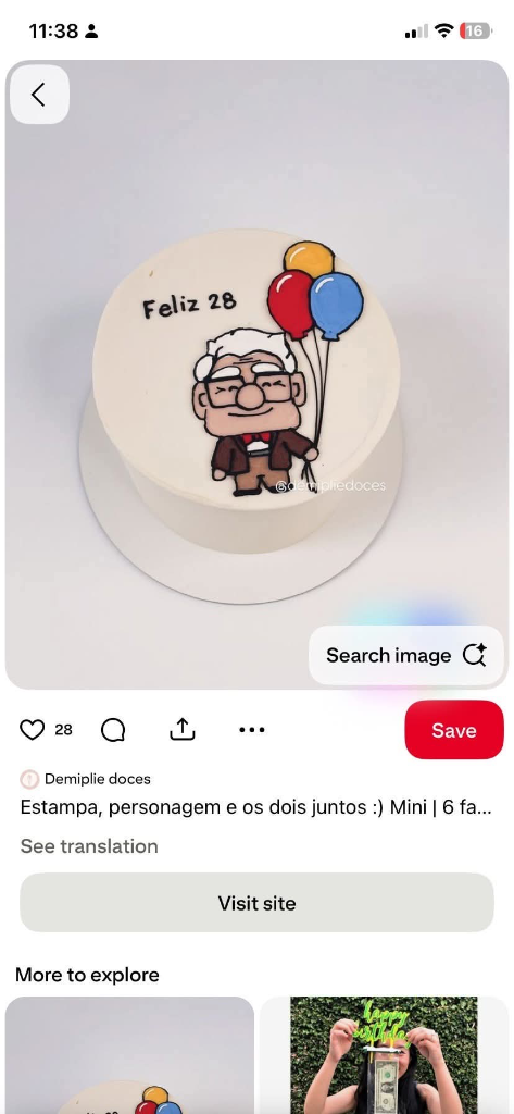White minimalist bento-style cake featuring a hand-drawn illustration of Carl Fredricksen from the movie Up holding three colorful balloons.