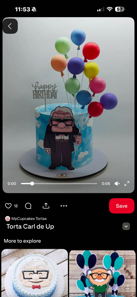 Tall light blue cake with white clouds and a large printout of Carl from the movie Up, topped with many colorful 3D balloon spheres.