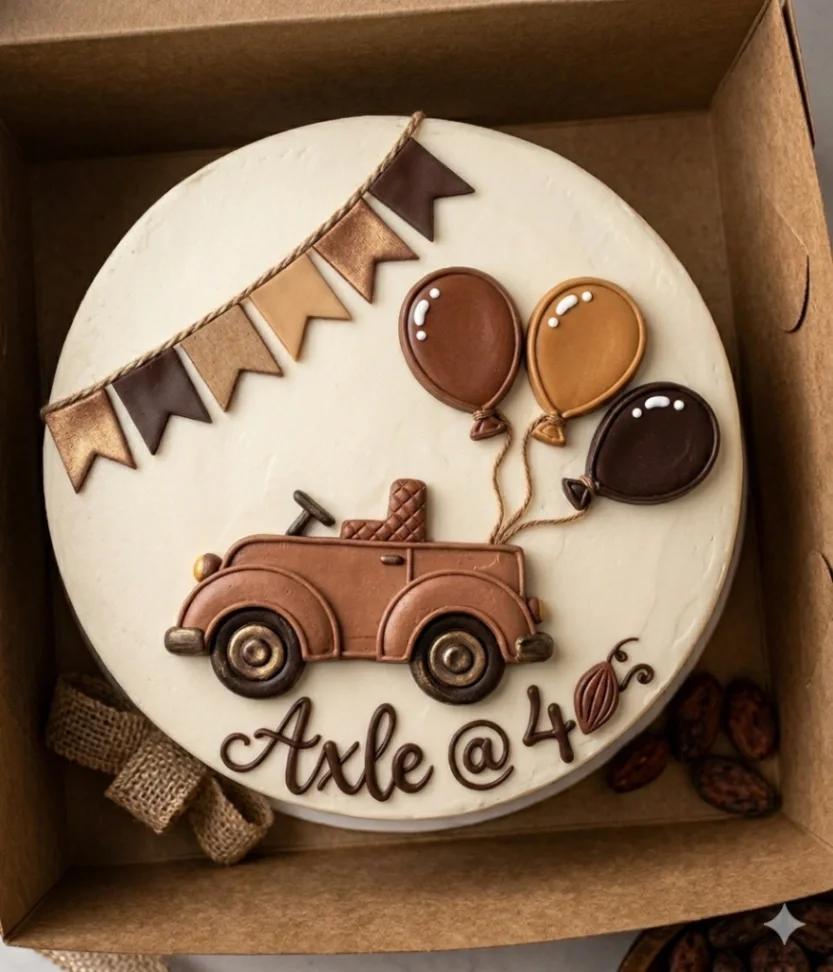 A round white cake with a vintage brown car, balloons, and a banner made of fondant, featuring the message Axle @ 4.