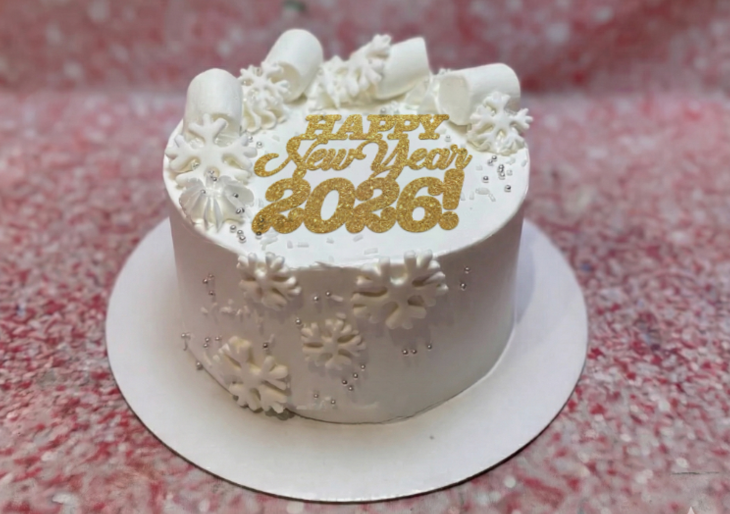 New Year 2026 1 Tier - white, silver theme with Happy New Year 2026! topper and white marshmallows