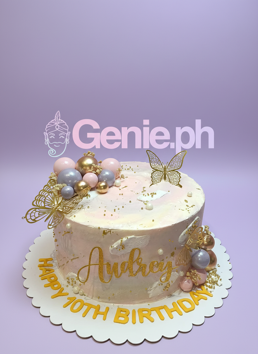 Butterfly Birthday 1 Tier - pink, white, gold theme with Large gold butterfly topper and Pink plastic balls