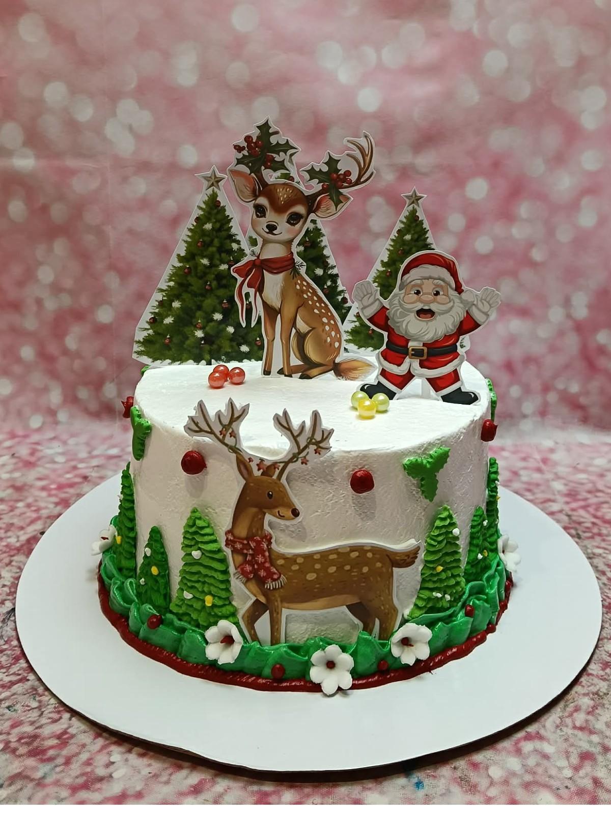 Christmas Deer Santa 1 Tier - green, white, red theme with Large Christmas deer with holly antlers and Deer on the side of...